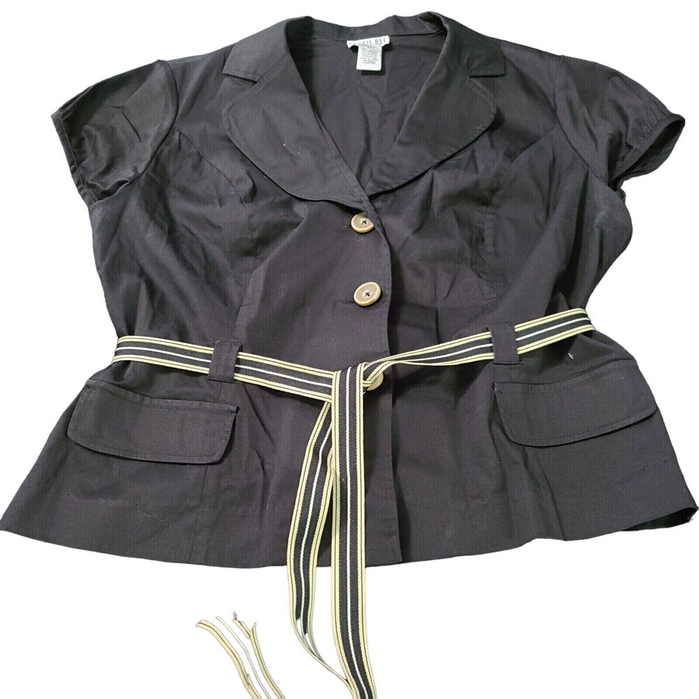 Robbie Bee Womens Belted Blazer Black Size 16 Cotton Blend Short Stretch Sleeve